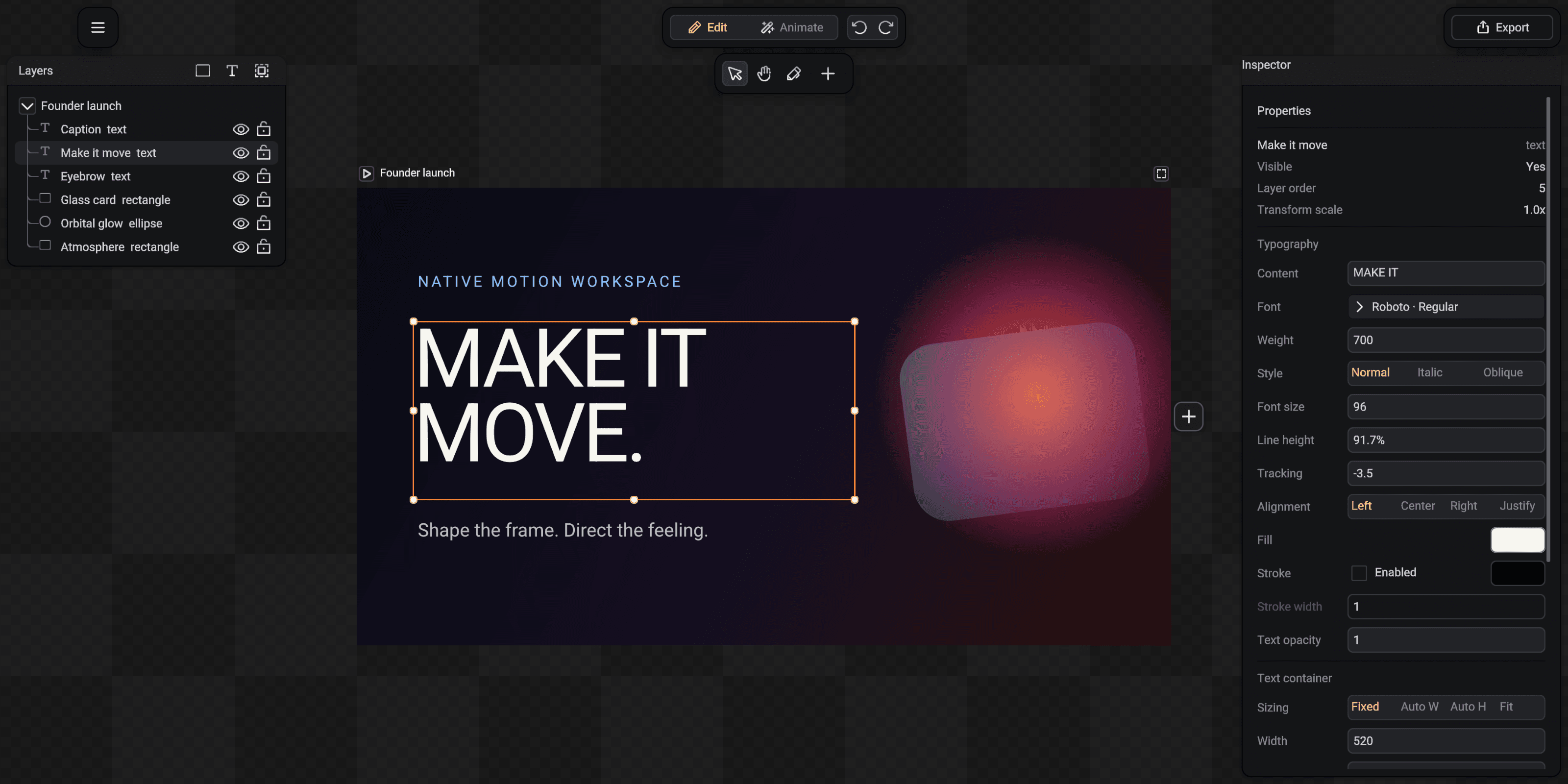 SceneLoft Edit workspace showing a selected text layer, project canvas, layer list and typography inspector